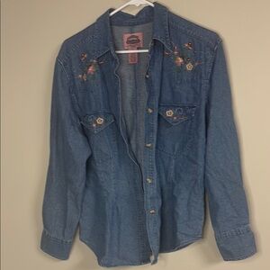 Floral Embroidered Denim Button Up Shirt Chest Pockets Size 22" PTP